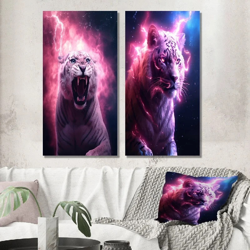 Designart "Pink Lightening WIld Tiger I" Animals Lion Wall Art Set of 2 - Children's Art Wall Art For Living Room Decor