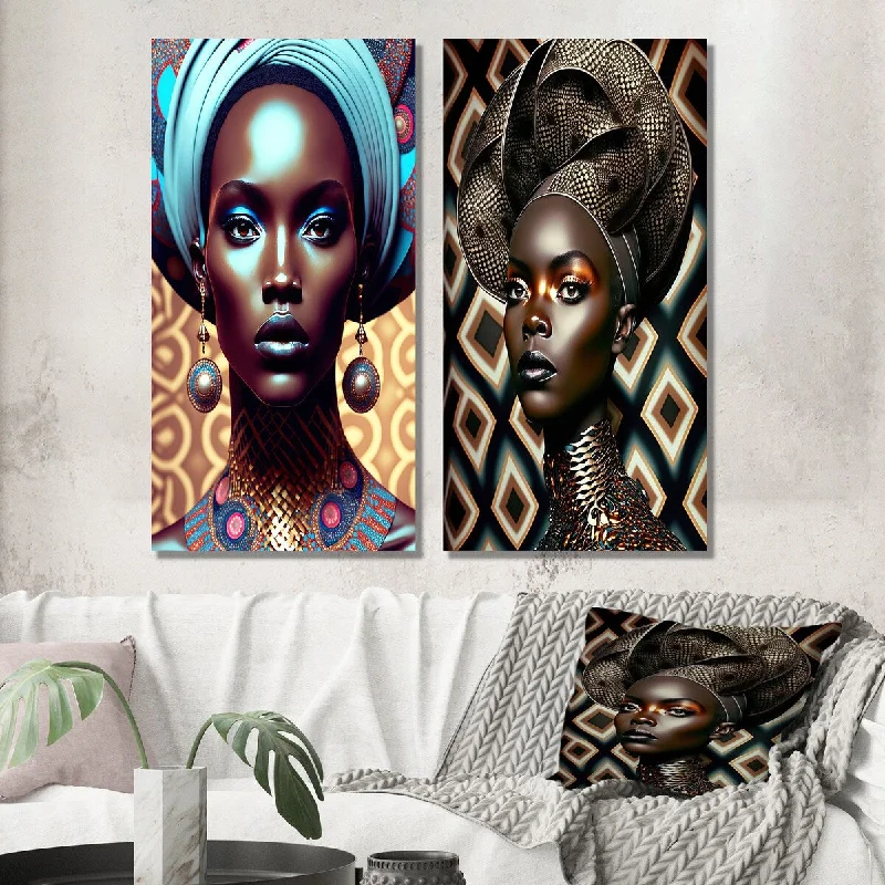 Designart "Portrait Of Glamorous African Lady I" African Woman Wall Art Set of 2 - Glam Print Art For Living Room Decor