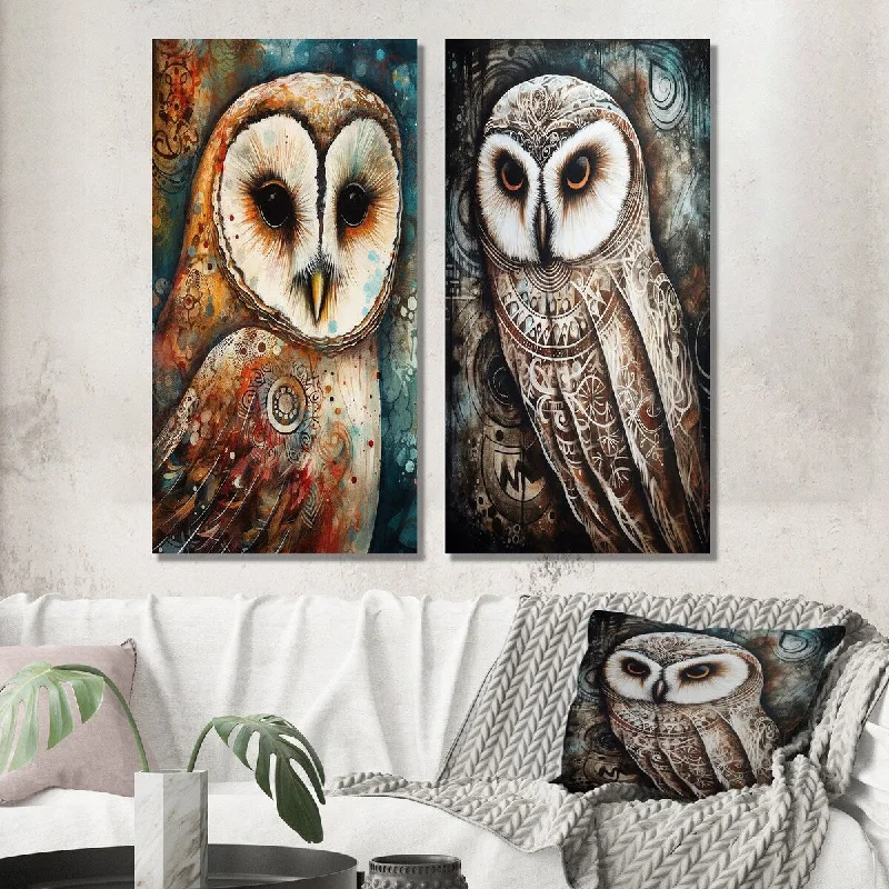 Designart "Portrait Of Magical Tribal White Owl II" Animal Wall Art Set of 2 - Children's Art For Living Room Decor