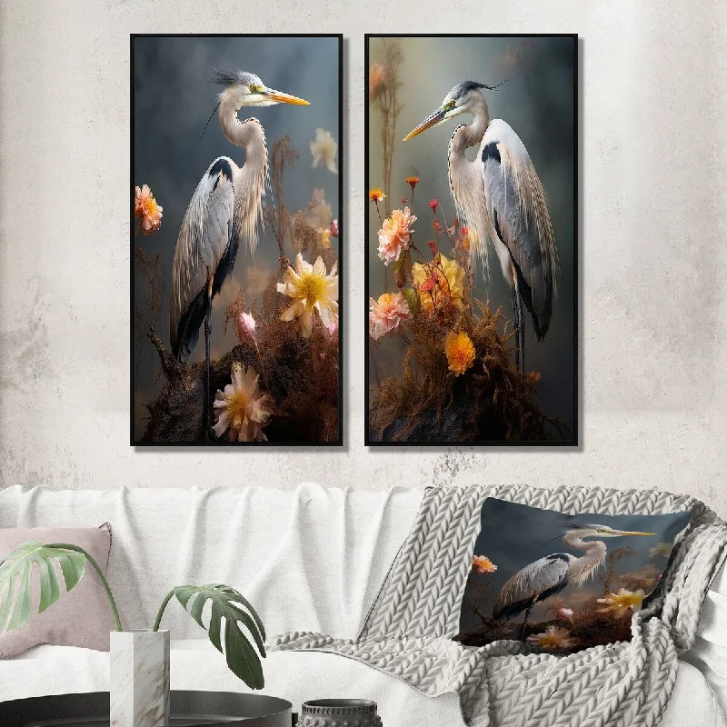 Designart "Portrait Of White Heron Wildlife Photography III" Animals Framed Canvas Set Of 2 For Living Room Decor