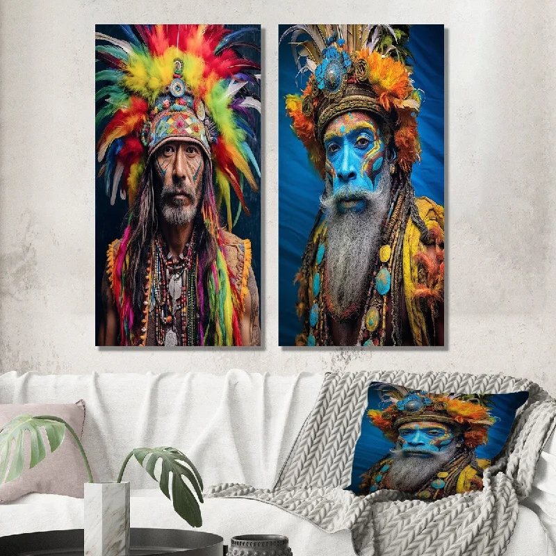 Designart "Portrait Of Wise Guru Man With Colorful Feathers" Man Wall Art Set of 2 Glam Print Art For Living Room Decor