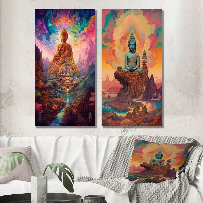 Designart "Psychedelic Buddha in The Mountains VII" Buddhism Wall Art Set of 2 - Traditional Wall Art For Home Decor