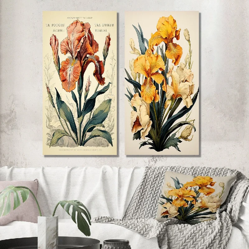 Designart "Red Iris Vintage Illustration" Irises Wall Art Set of 2 - Traditional For Living Room Decor