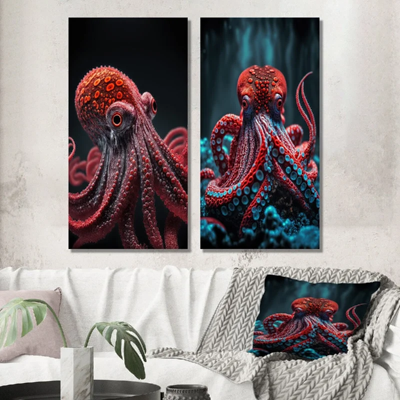 Designart "Red Octopus On The Ocean Floor II" Animal Octopus Wall Art Set of 2 - Children's Art Wall Art For Home Decor