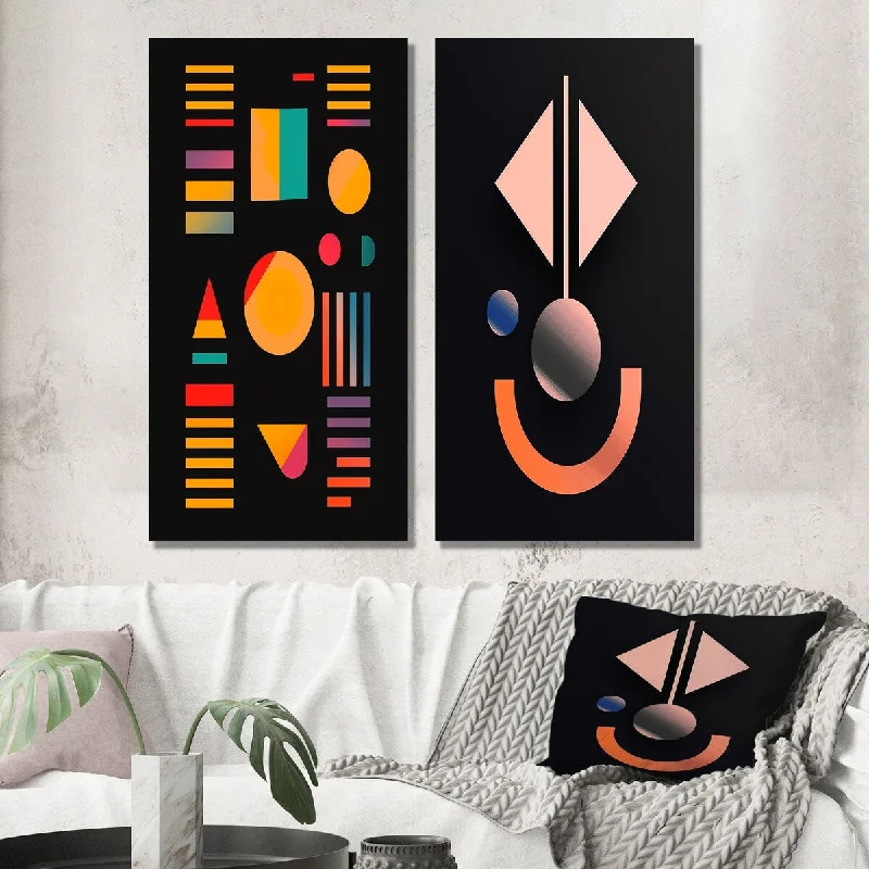 Designart "Retro Geometric On Black I" Modern Geometric Wall Art Set of 2 - Modern Wall Art For Bedroom