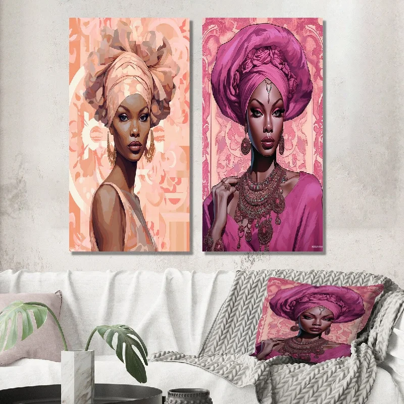 Designart "Retro Glam Fashion African American Vogue Beauty I" Woman Wall Art Set of 2 - Glam For Living Room Decor