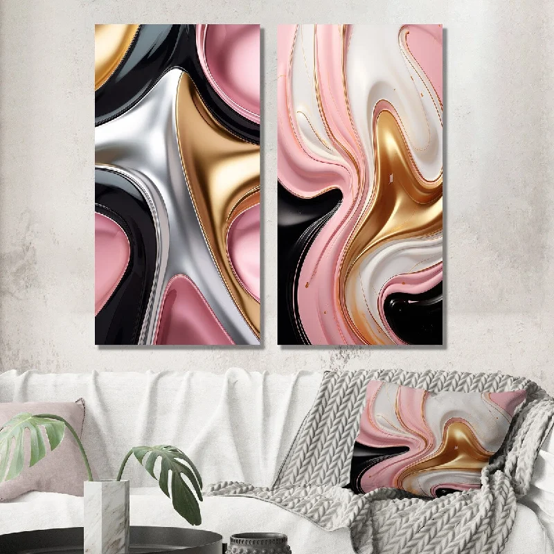 Designart "Retro Glam Liquid Art In Pink White And Black II" Abstract Wall Art Set of 2 - Transitional Living Room Decor