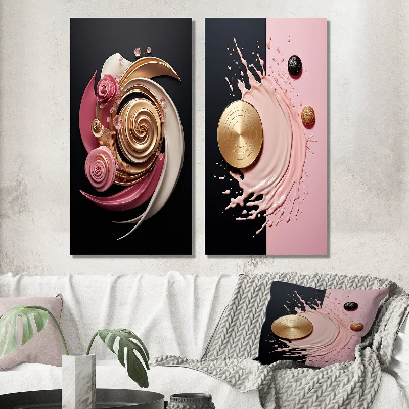 Designart "Retro Glam Liquid Minimal Art Pink White Black I" Abstract Wall Art Set of 2 Transitional Printed Wall Décor