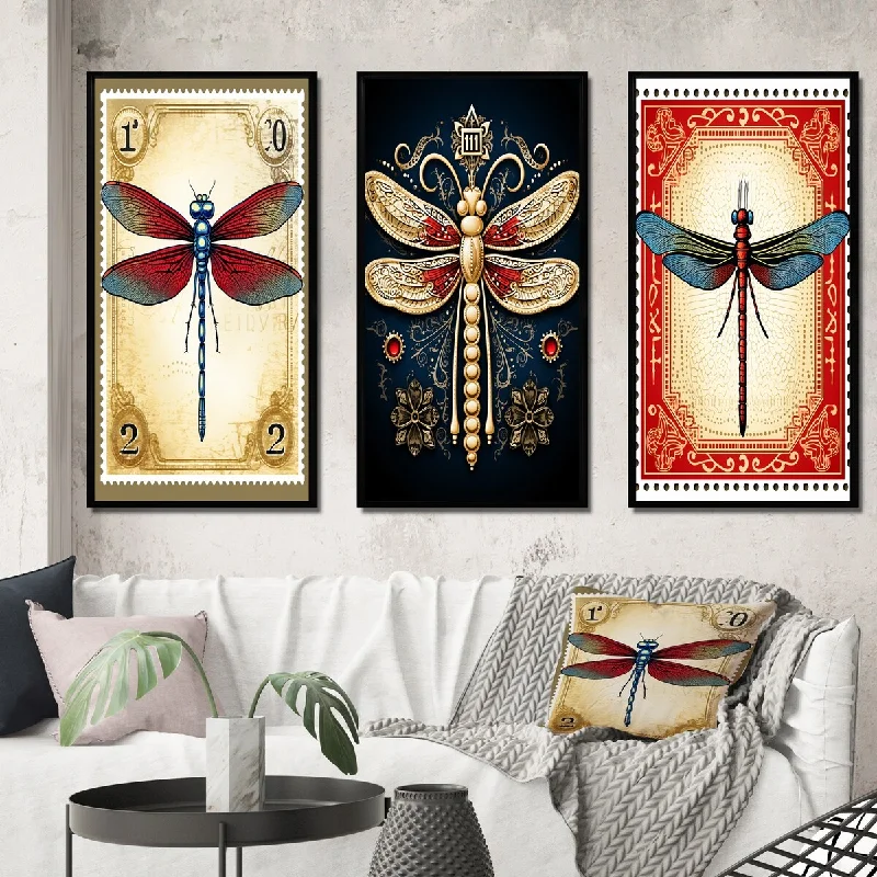 Designart "Retro Stamp Illustration Of Red Dragonfly" Animals Dragonfly Frame Gallery Set Of 3 For Office Decor