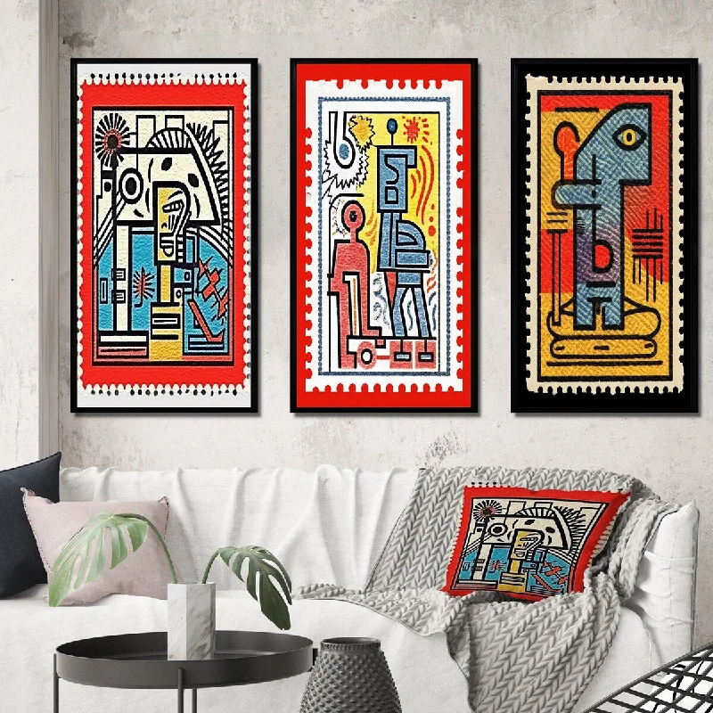 Designart "Retro Stamp Tribute To Keith V" Abstract Framed Wall Art Set Of 3 - Transitional For Home Decor