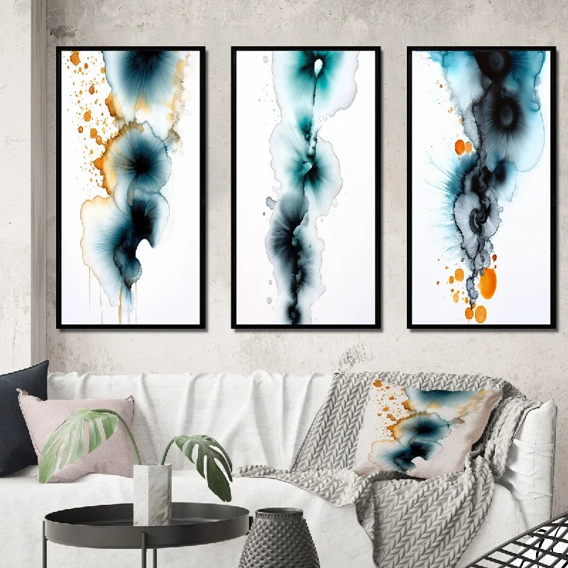 Designart "Rhapsody In Heartbeat Turquoise Gold Ink Cloud I" Abstract Painting Frame Gallery Set Of 3 For Office Decor