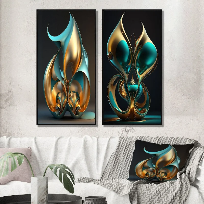 Designart "Rhythm Of Infinity 3D Turquoise Gold Sphere I" Abstract Fractal Wall Art Décor - Modern Wall Art Set Of 2