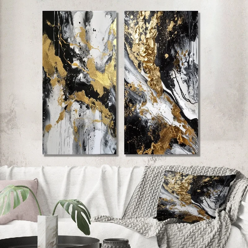 Designart "River Happiness Abstract Gold Black White I" Abstract Wall Art Set of 2 - Modern Wall Art For Home Decor