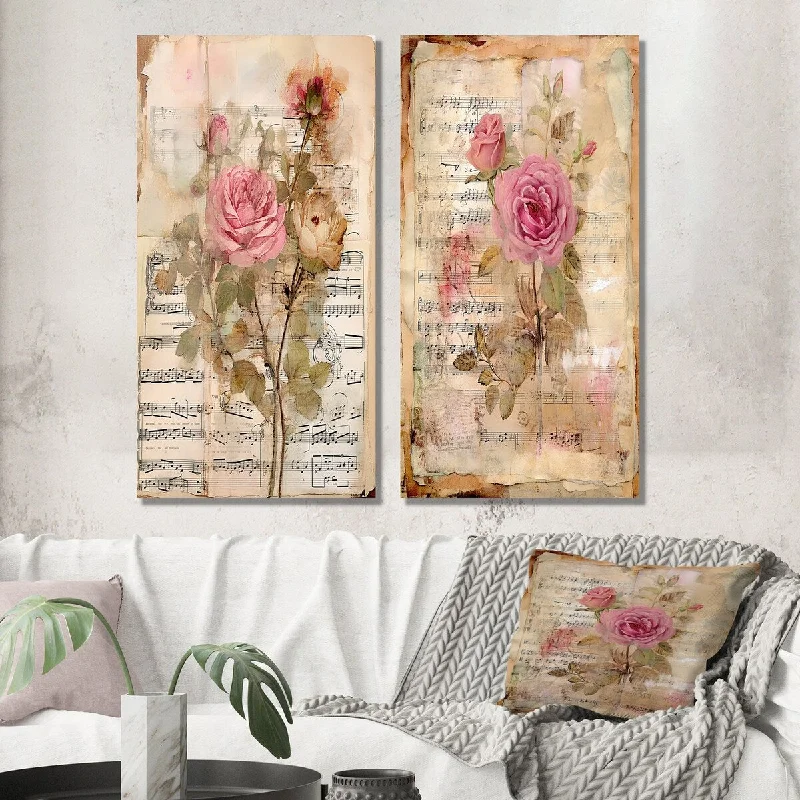 Designart "Rustic Bouquet Pink Roses Vintage Art II" Rose Wall Art Set of 2 - Traditional For Living Room Decor