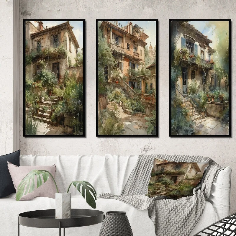 Designart "Rustic Stairway Entrance To Country Cottage" Farm Framed Wall Art Set Of 3 - Country For Office Decor