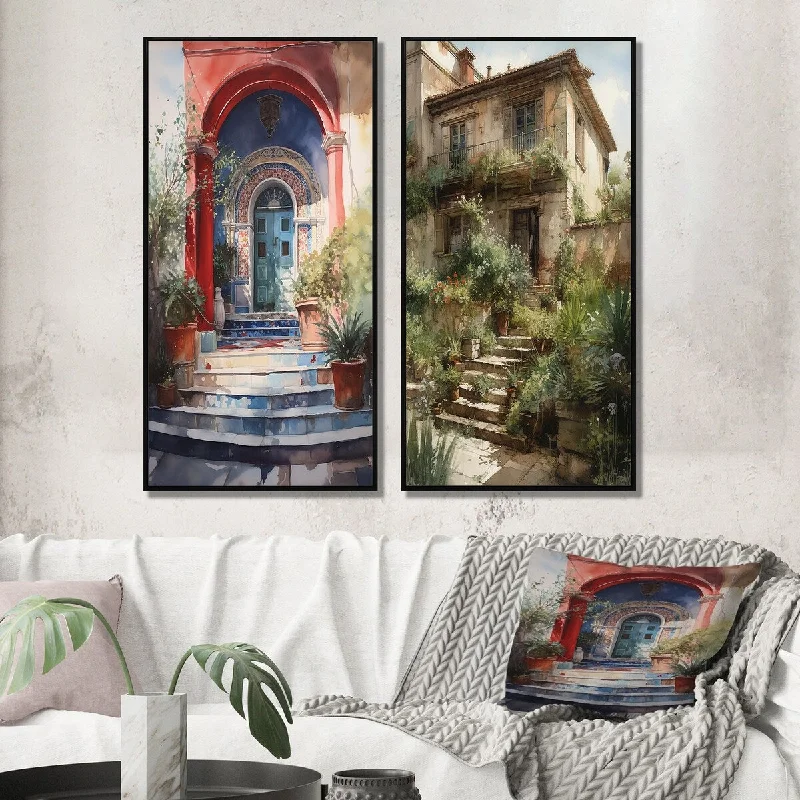 Designart "Rustic Stairway Entrance To Country Cottage I" Farm Framed Wall Art Canvas Set Of 2 For Living Room Decor