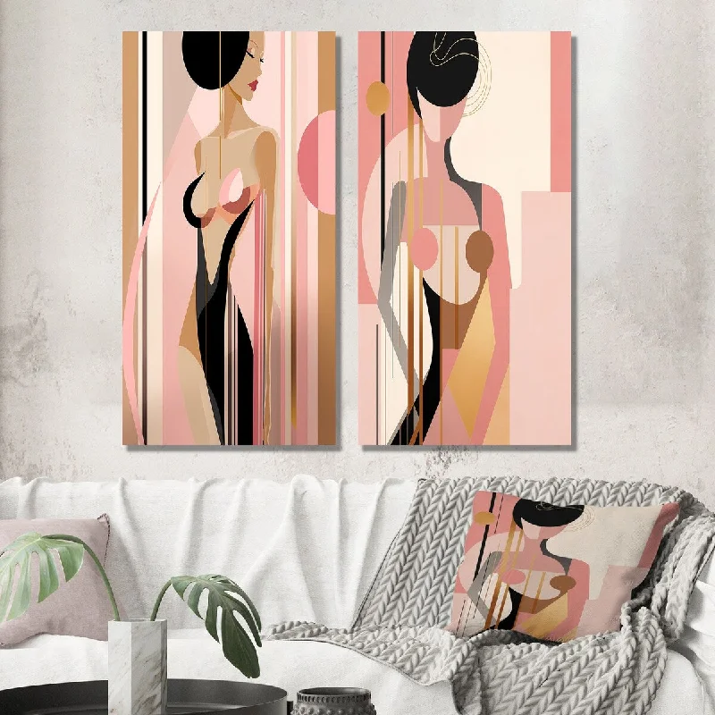 Designart "Sensual Elegance Art Nouveau Woman Pink And Gold" Avant-Garde Wall Art Set of 2 - Glam For Office Decor