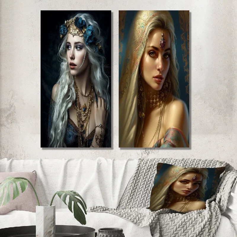 Designart "Sensuous Boho Beauty Sultry Secrets VI" Boho Woman Wall Art Set of 2 - Glam Print Art For Living Room Decor