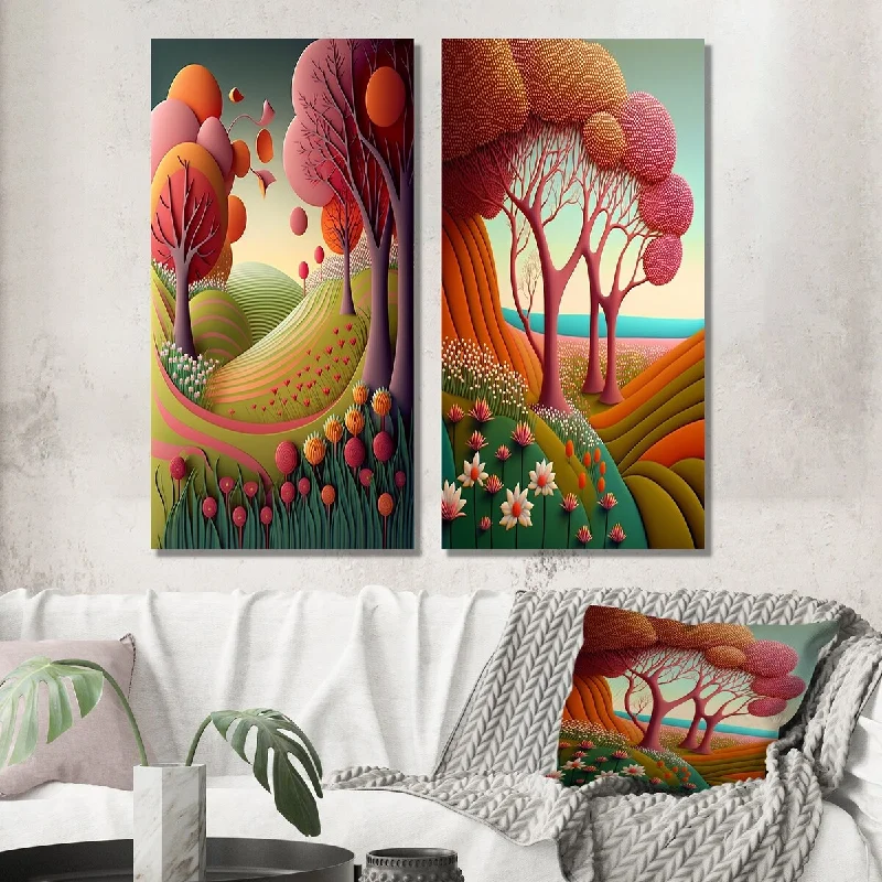 Designart "Serene Magical Pink Trees In Flowerfields II" Forest Wall Art Set of 2 - Traditional For Office Decor