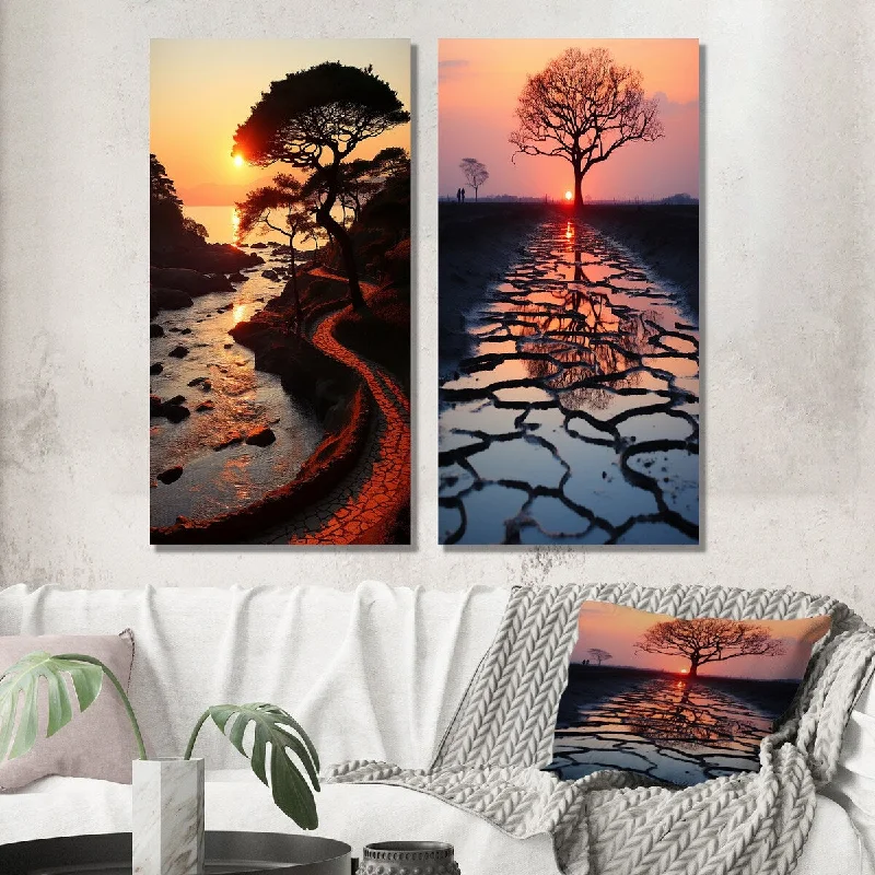 Designart "Silence Of The Single Tree At Stunning Sunset II" Landscape Wall Art Set of 2 - Traditional For Office Decor