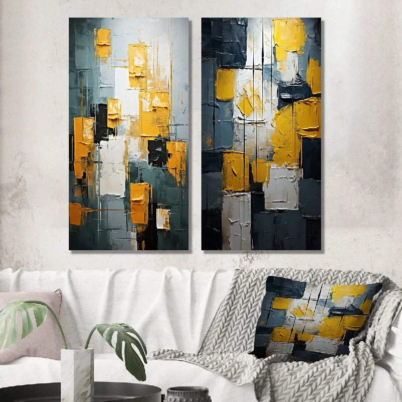 Designart "Sudden Happiness Abstract Teal And Yellow II" Abstract Wall Art Set of 2 - Modern Wall Art For Home Decor