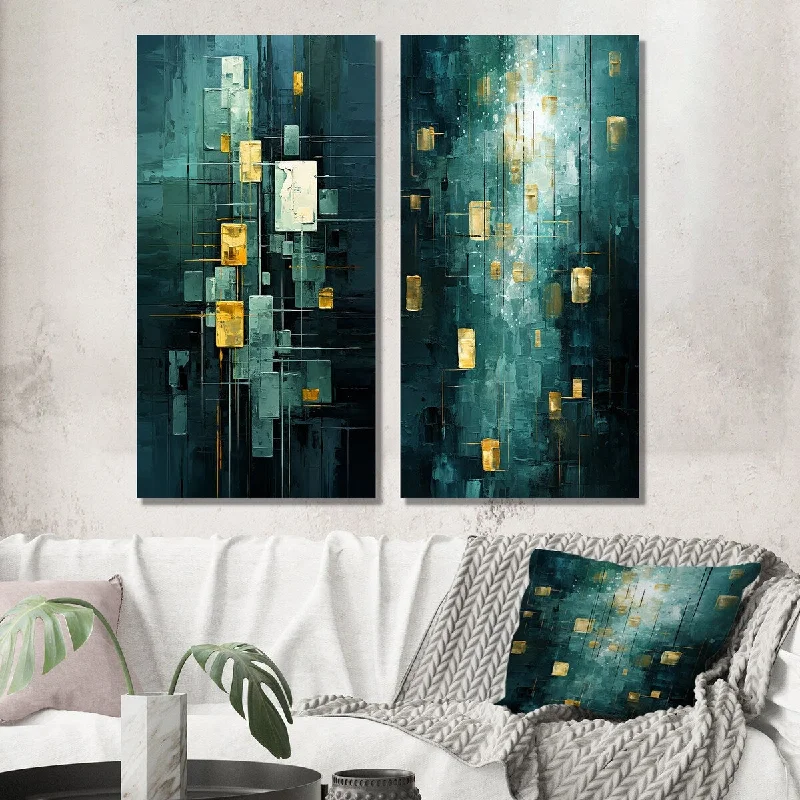 Designart "Sudden Serenity Abstract Turquoise And Gold I" Abstract Wall Art Set of 2 - Modern For Living Room Decor