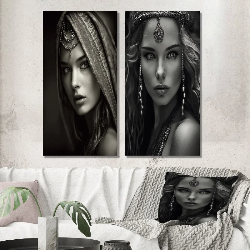 Designart "Sultry Secrets Woman Portrait In Black & White III" Boho Woman Wall Art Set of 2 - Glam For Office Decor