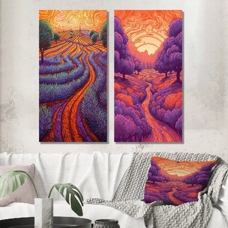 Designart "Sunset Over Blossoming Fields Of Lavender I" Lavender Wall Art Set of 2 - Traditional For Living Room Decor