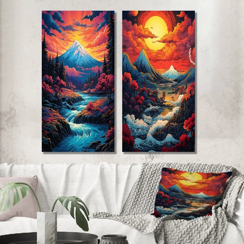 Designart "Sunset Over Snowy Mountains Japanese River I" Landscape Wall Art Set of 2 - Traditional For Office Decor