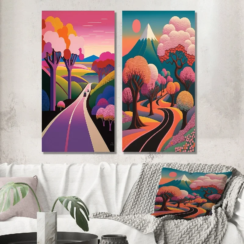 Designart "Swirling Road Playful Purple Mountain Landscape" Meadow Wall Art Set of 2 - Traditional For Office Decor