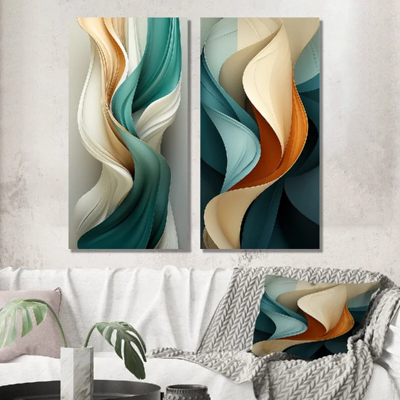 Designart "Teal Abstract Vintage Elegant Wave I" Abstract Shapes Wall Art Set of 2 Transitional Wall Art For Home Decor