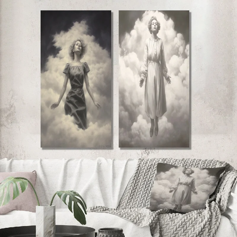 Designart "Tender Dreams In The White Clouds Sky II" Woman Wall Art Set of 2 Glam Gallery Wall Set For Living Room Decor