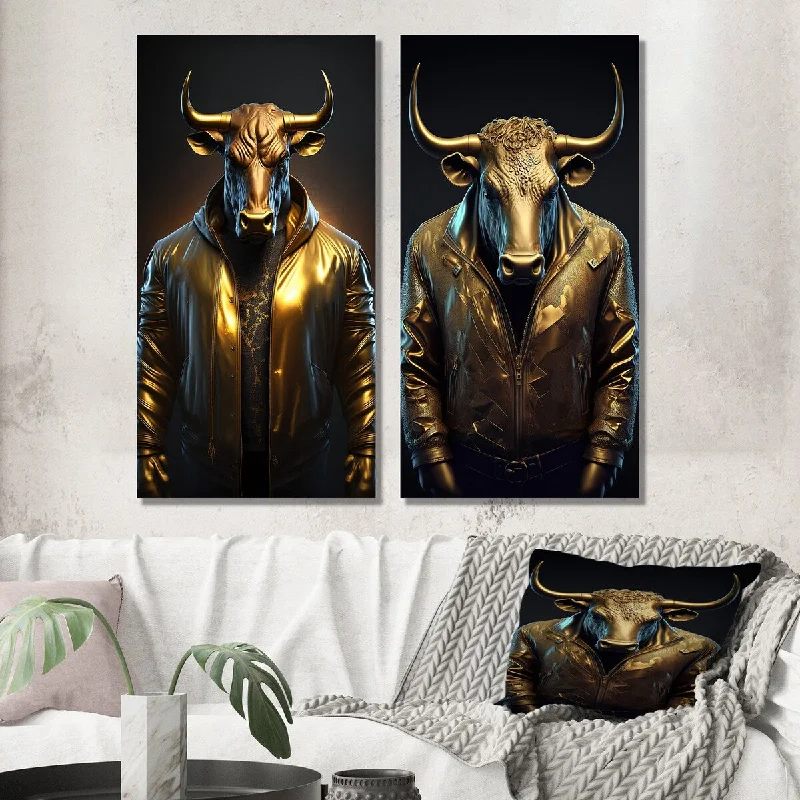 Designart "Trading Bull With Golden Jacket I" Animals Bull Wall Art Set of 2 - Children's Art Wall Art For Home Decor