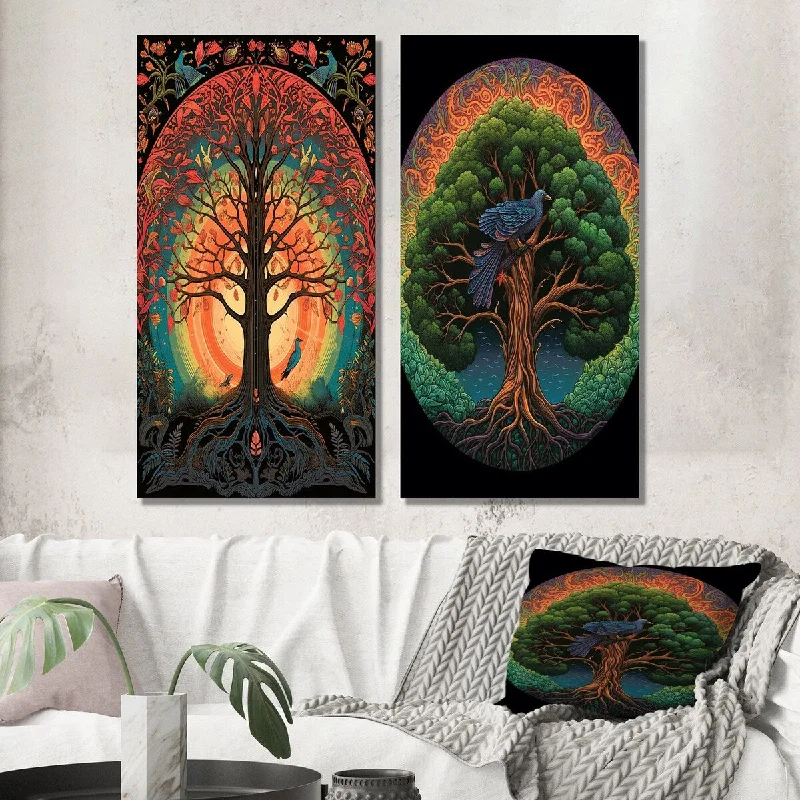 Designart "Tree Of Life Retro Illustration II" Landscape Trees Wall Art Set of 2 - Traditional Printed Wall Décor