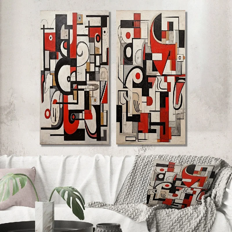 Designart "Urban Passion Abstract Red Black White II" Modern Geometric Wall Art Set of 2 Modern Wall Art For Home Decor