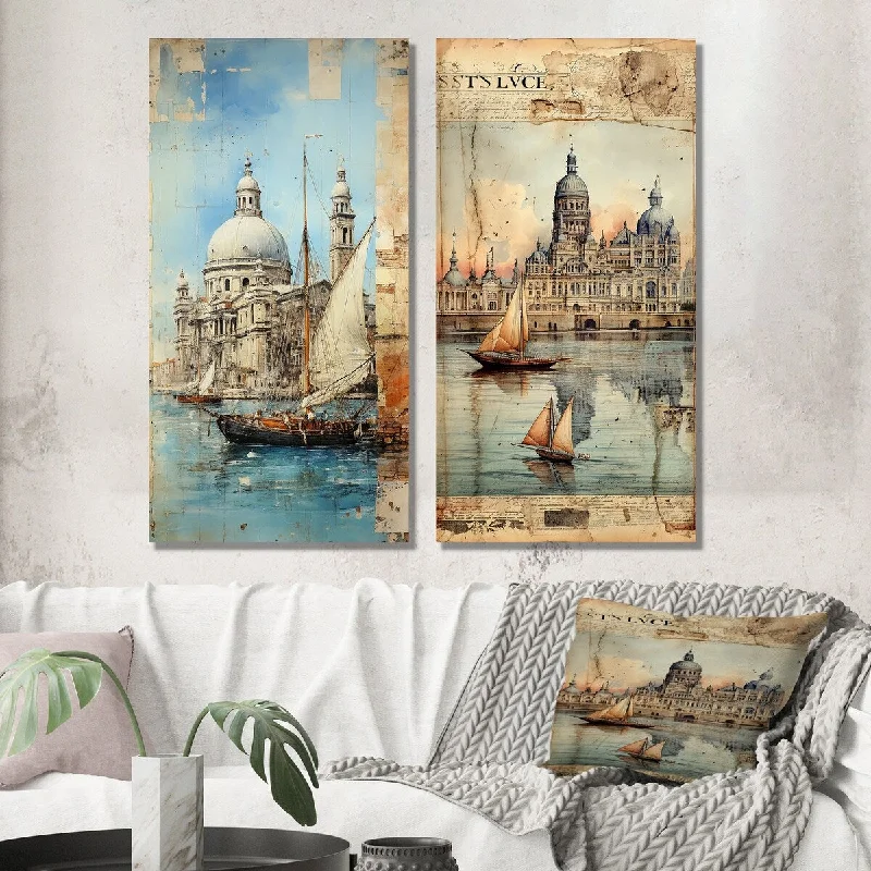 Designart "Venice Distant Memories Journal Collage I" Venice Wall Art Set of 2 Industrial Wall Art For Living Room Decor