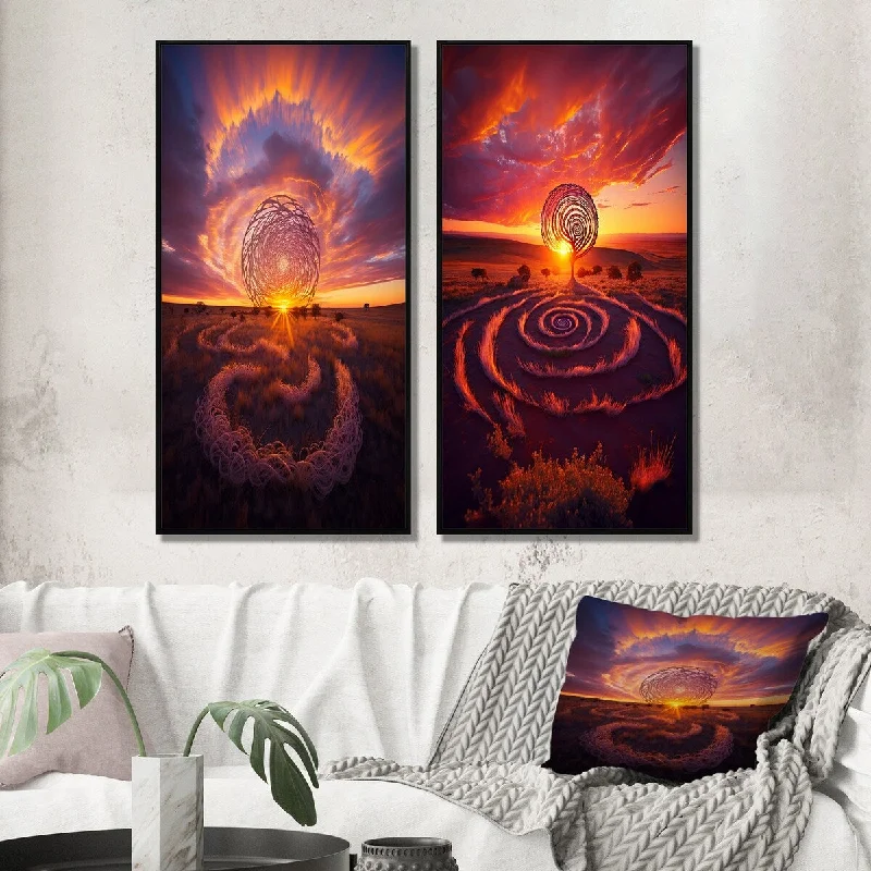 Designart "Vibrant Pink Stunning Sunset Spiral Land Art VII" Storms Wall Art Décor Canvas Set For Living Room Decor