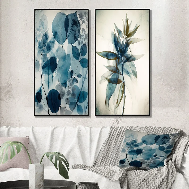 Designart "Vintage Botanicals In Faded Retro Blue IV" Abstract Framed Wall Art Set Of 2 Gallery Set For Office Decor