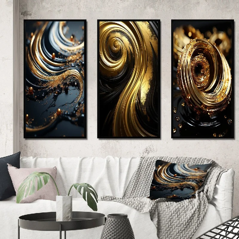 Designart "Vintage Liquid Gold Spiral On Black II" Abstract Spirals Frame Gallery Wall Set Of 3 For Home Decor