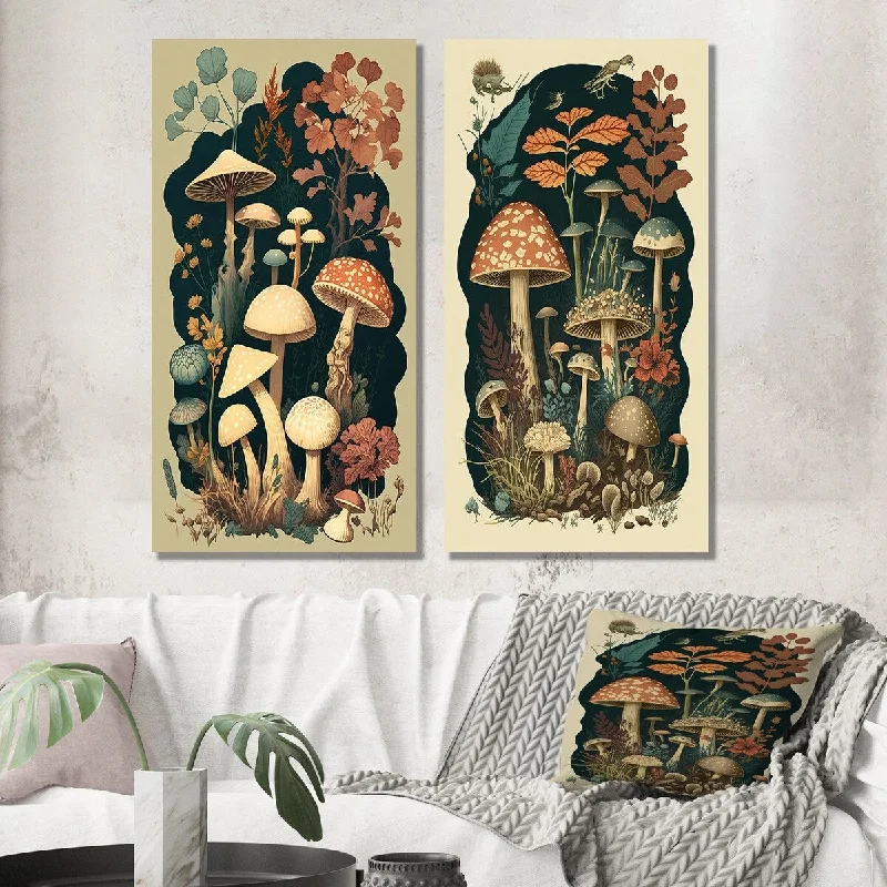 Designart "Vintage Mushrooms Amanita Muscaria I" Landscape Forest Wall Art Set of 2 - Country Printed Wall Décor