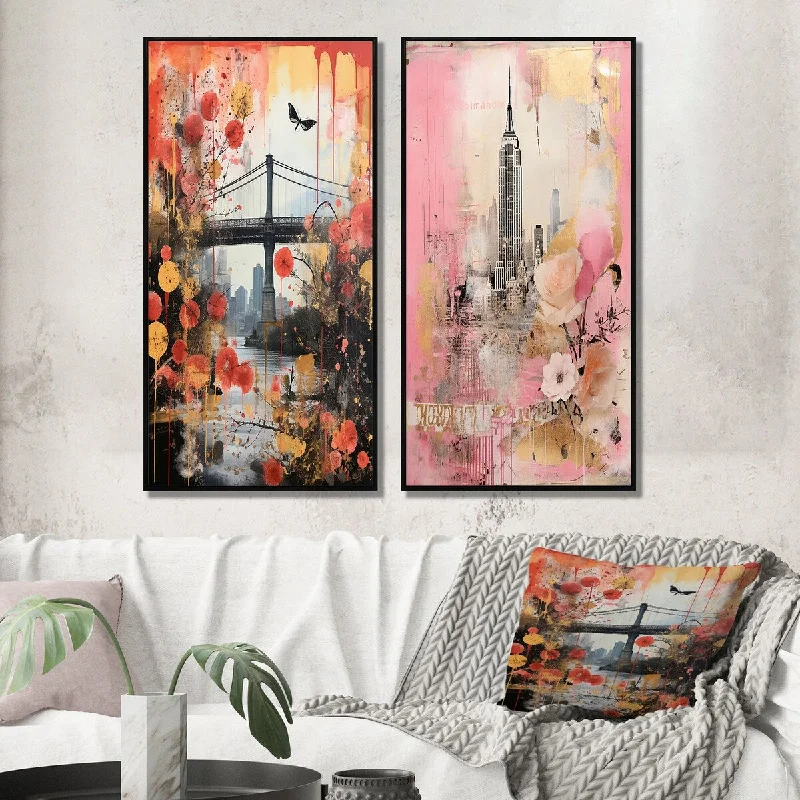 Designart "Vintage New York Manhattan Bridge" City New York Framed Wall Art Set Of 2 - Traditional Wall Art Set Of 2