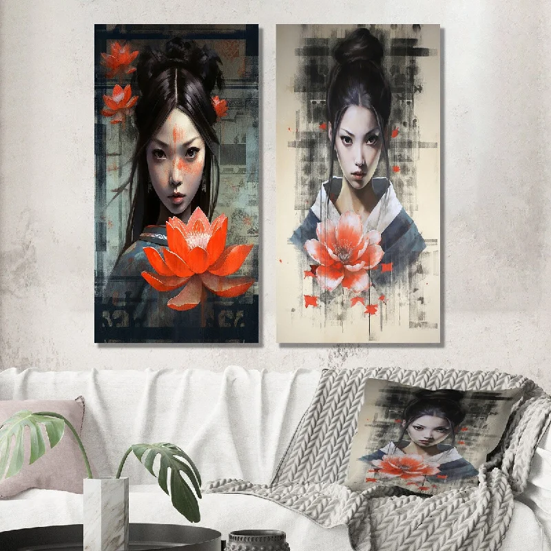 Designart "Vintage Oriental Woman With Lotus Flower II" Japon Woman Wall Art Set of 2 - Glam Wall Art For Bedroom