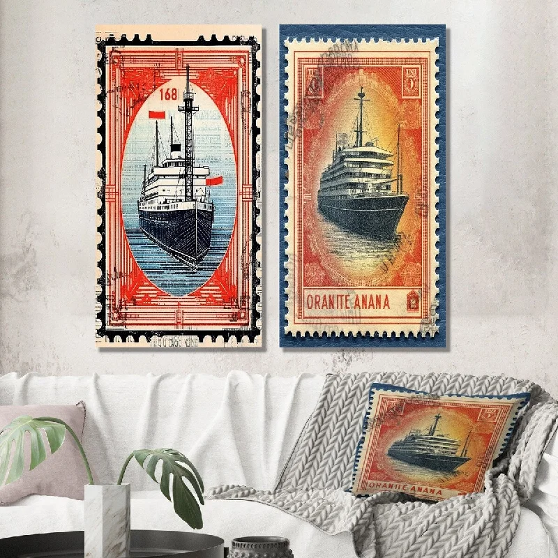 Designart "Vintage Postal Stamo RMS TItanic II" Boat Wall Art Set of 2 - Modern Wall Art For Home Decor