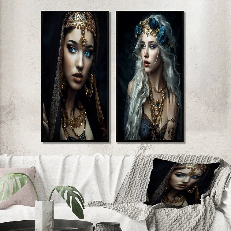 Designart "Vintage Sensuous Boho Beauty IV" Boho Woman Framed Wall Art For Bedroom - Glam Wall Art Set Of 2