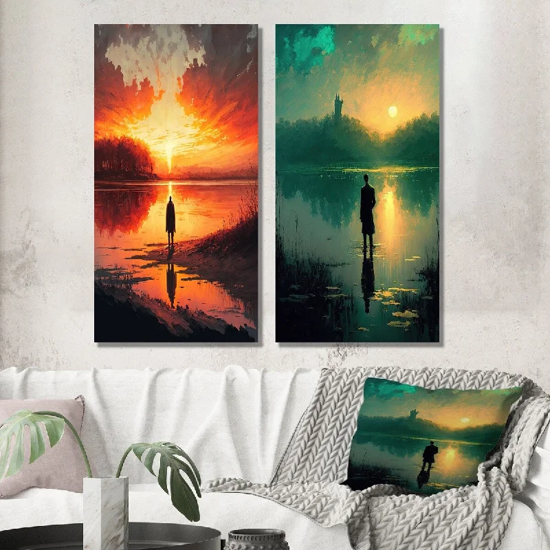 Designart "Watching A Glorious Sunset By The Lake I" Landscape Lake Wall Art Set of 2 Traditional For Living Room Decor