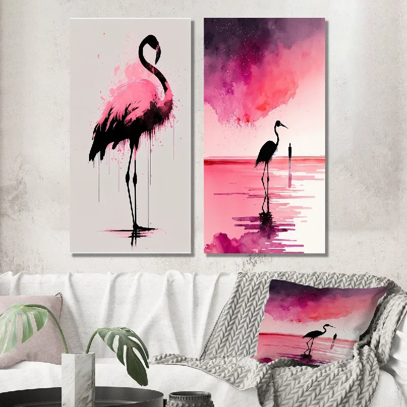 Designart "Watercolour Silhouette Of Pink And Black Flamingo I" Animal Set of 2 - Children's Art Wall Art For Bedroom