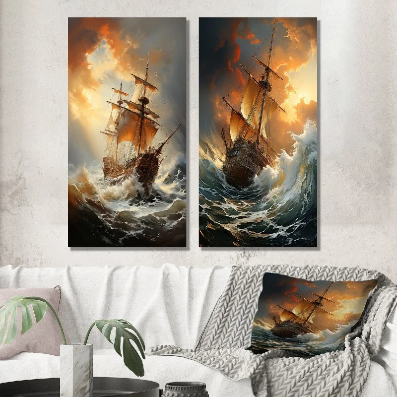 Designart "White Majestic Sailboat In Storm III" Boat Wall Art Set of 2 - Modern Print Art For Living Room Decor