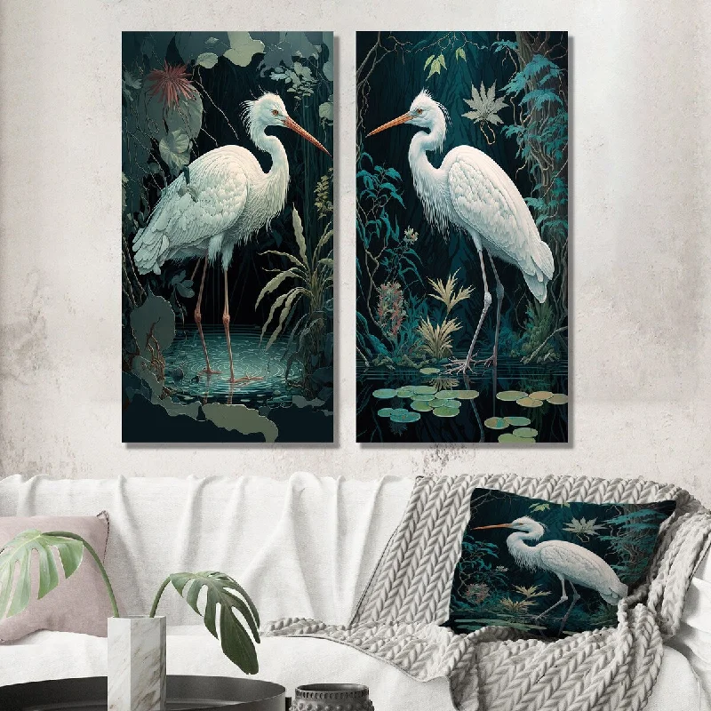 Designart "White Stork Standing In A Forest Pond I" Animals Bird Wall Art Set of 2 - Children's Art Living Room Decor