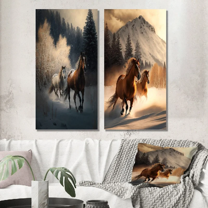 Designart "Wild Horses Galopping Winter Scene V" Animal Wall Art Set of 2 - Children's Art For Living Room Decor