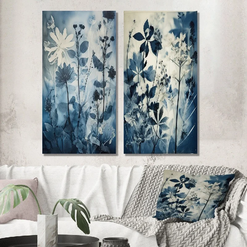 Designart "Wildflowers In Meadow Blue Vintage Botanical III" Flowers Wall Art Set of 2 Traditional Wall Art For Bedroom